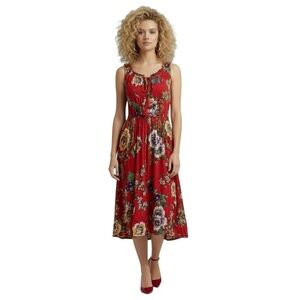 Bila Red Floral Print Sleeveless Midi Dress Tie Neck Smocked Waist